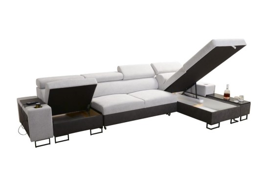 sofa narożna z pojemnikami otwieranymi do góry 