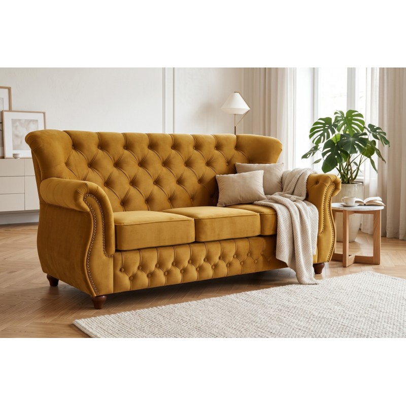Musztardowa sofa chesterfield James 190 cm z kolekcji fotela Musztardowa sofa chesterfield James 190 cm z kolekcji fotela