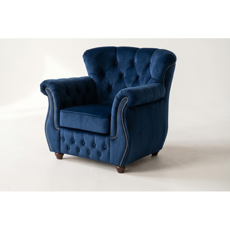 Fotel chesterfield z wysokim oparciem James 95 cm w granatowym welurze z pikowaniem na guzikach Fotel chesterfield z wysokim oparciem James 95 cm w granatowym welurze z pikowaniem na guzikach