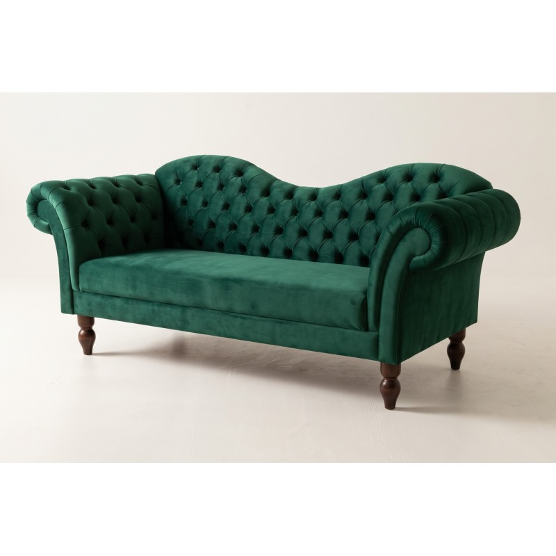 Zielona sofa chesterfield Isla 230 cm z jednym długim siedziskiem na toczonych nóżkach