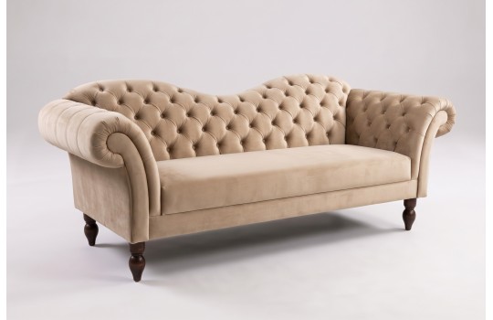 Kanapa Chesterfield Isla 190 cm w beżowym obiciu z pikowanym oparciem w kształcie fali