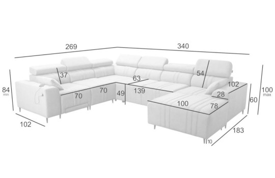 kanapa z szezlogiem i oparciem 