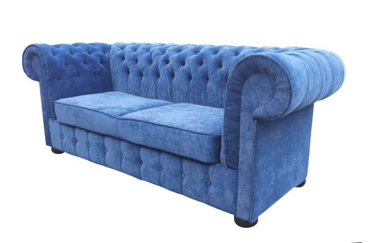 Niebieska sofa Chesterfield z zakładkami Henryk