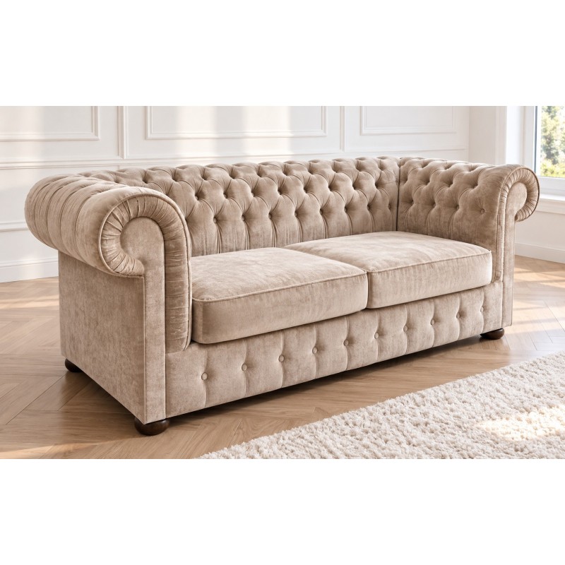 Sofa chesterfield z zakładkami Henryk 200 cm w beżowej tkaninie z tej samej kolekcji