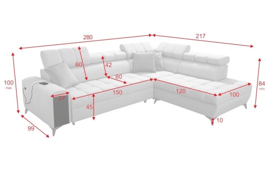 Narożnik Magni VII 275x217 cm z regulowanymi zagłówkami 