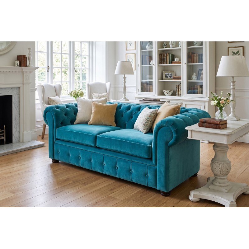 Turkusowa sofa Retro Chesterfield 190 cm z pikowaniami – welur i poduszki w jasnym salonie Turkusowa sofa Retro Chesterfield 190 cm z pikowaniami – welur i poduszki w jasnym salonie