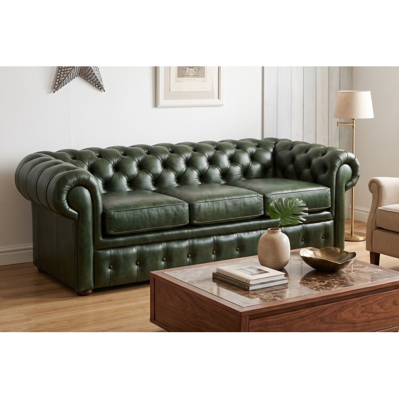 Sofa retro chesterfield w ciemnozielonej skórze – klasyczna kanapa 230 cm z pikowanym oparciem Sofa retro chesterfield w ciemnozielonej skórze – klasyczna kanapa 230 cm z pikowanym oparciem