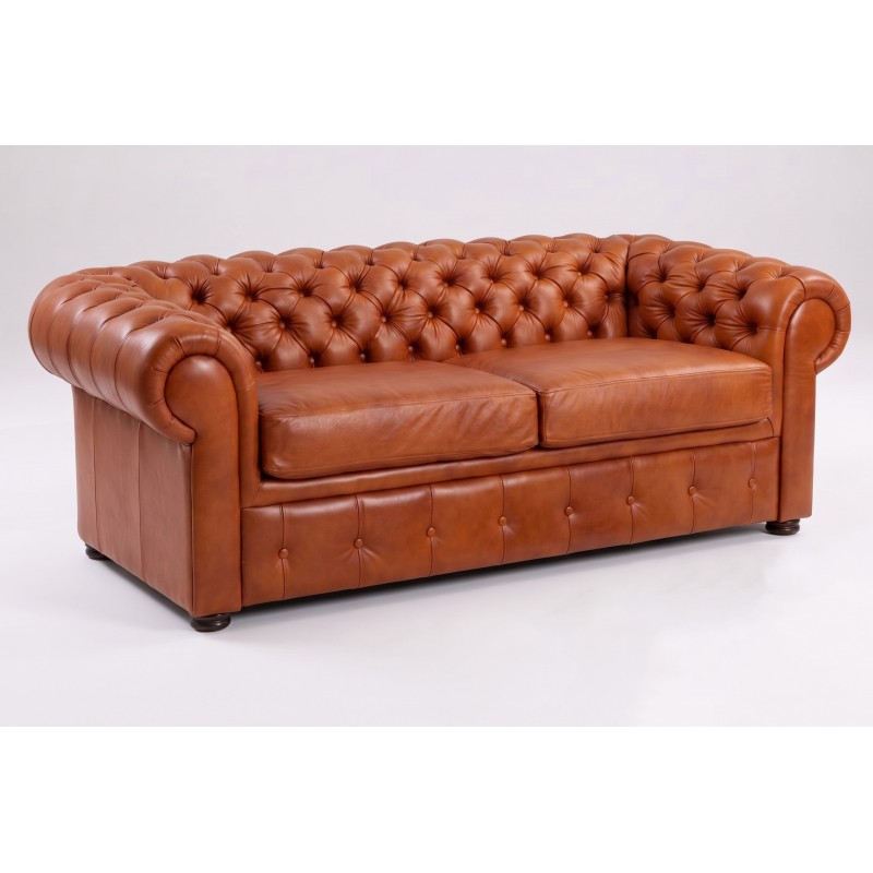 Sofa retro chesterfield w brązowej skórze– klasyczna kanapa 230 cm z pikowanym oparciem Sofa retro chesterfield w brązowej skórze– klasyczna kanapa 230 cm z pikowanym oparciem