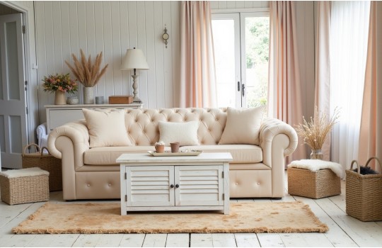 sofa chesterfield w kremowym materiale 