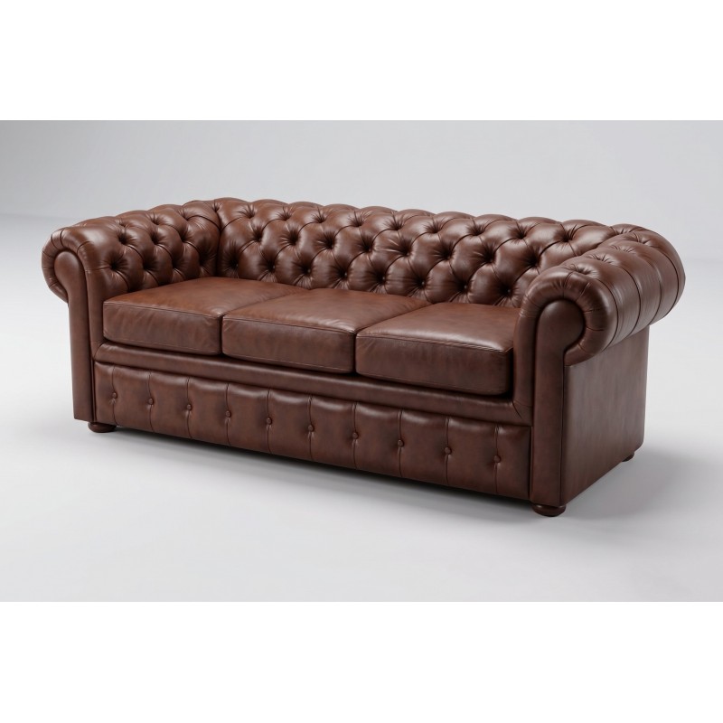 Klasyczna sofa chesterfield ze skóry – ciemnobrązowe obicie, trzy siedziska i pikowane boki Klasyczna sofa chesterfield ze skóry – ciemnobrązowe obicie, trzy siedziska i pikowane boki