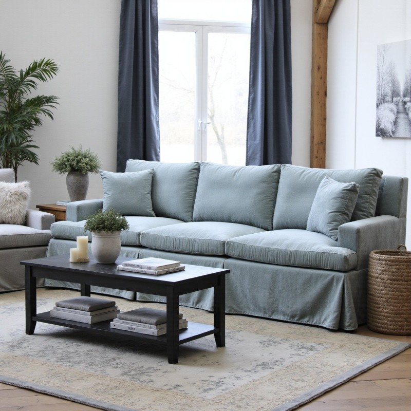 błękitna sofa ze zdejmowanym pokrowcem 