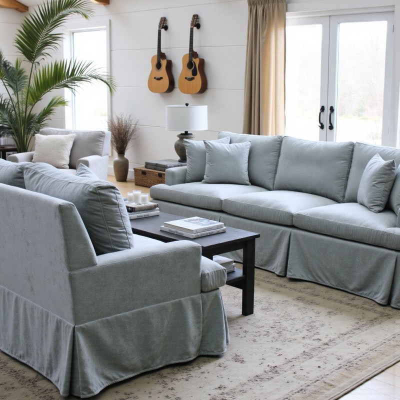 sofy w szarym materiale 