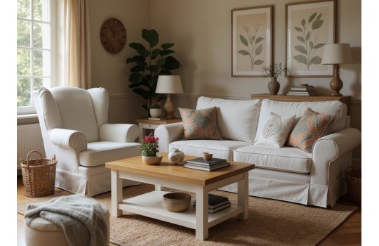 sofa w białej tkaninie 