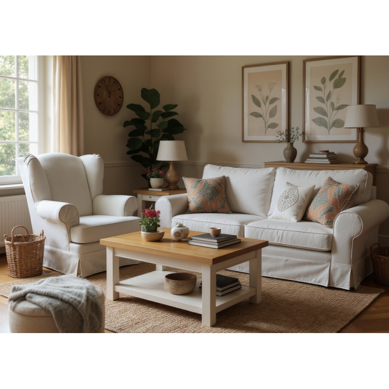 sofa w białej tkaninie 