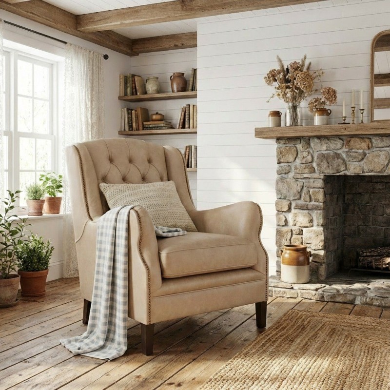 wysoki beżowy fotel 