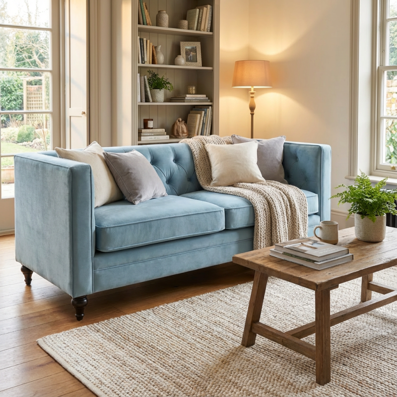 jasnoniebieska sofa pikowana 