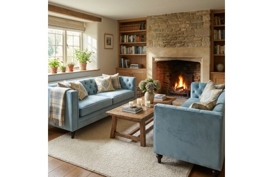 niebieskie sofy w welurze 