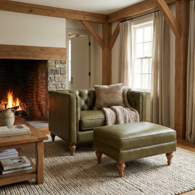 fotel w oliwkowej skórze 