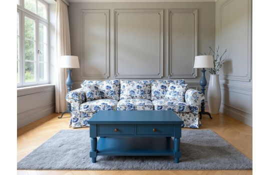 sofa w niebieskie kwiaty 