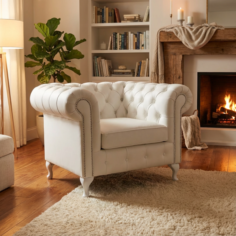 fotel w białej skórze 