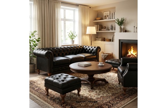 zestaw chesterfield w czarnej skórze zestaw chesterfield w czarnej skórze