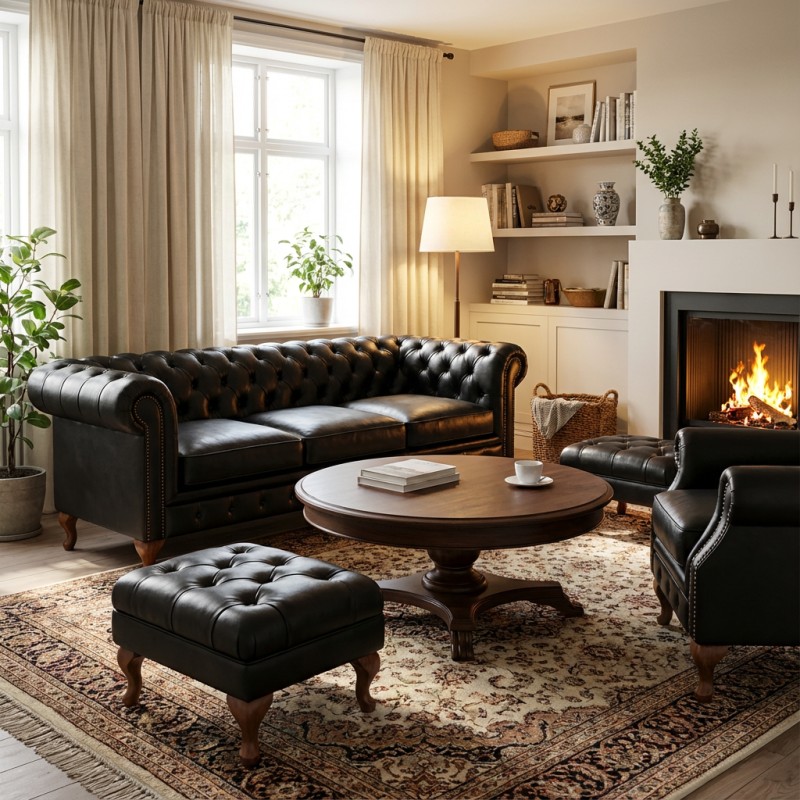 zestaw chesterfield w czarnej skórze zestaw chesterfield w czarnej skórze