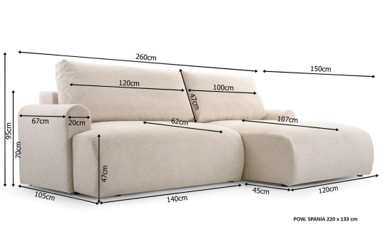 Minimalistyczny narożnik Odeon 260x150 cm