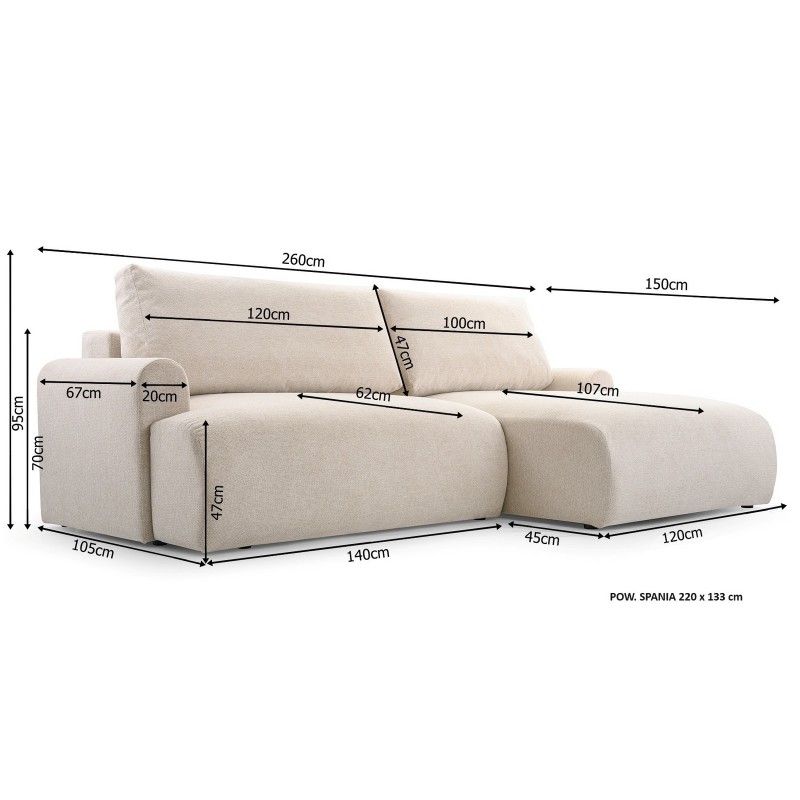 Minimalistyczny narożnik Odeon 260x150 cm