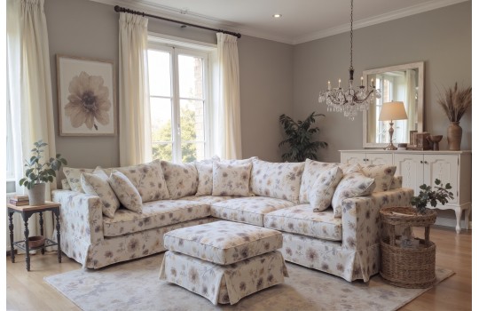 Wzorzysty narożnik Vesper w kwiecistej tapicerce z pufem w eleganckim salonie Wzorzysty narożnik Vesper w kwiecistej tapicerce z pufem w eleganckim salonie