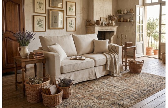 Sofa Vesper z poduszkami w klasycznej aranżacji salonu z drewnianymi stolikami