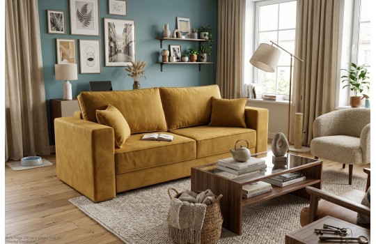 Miodowa sofa 3-osobowa Roza z poduszkami w nowoczesnej aranżacji pokoju dziennego