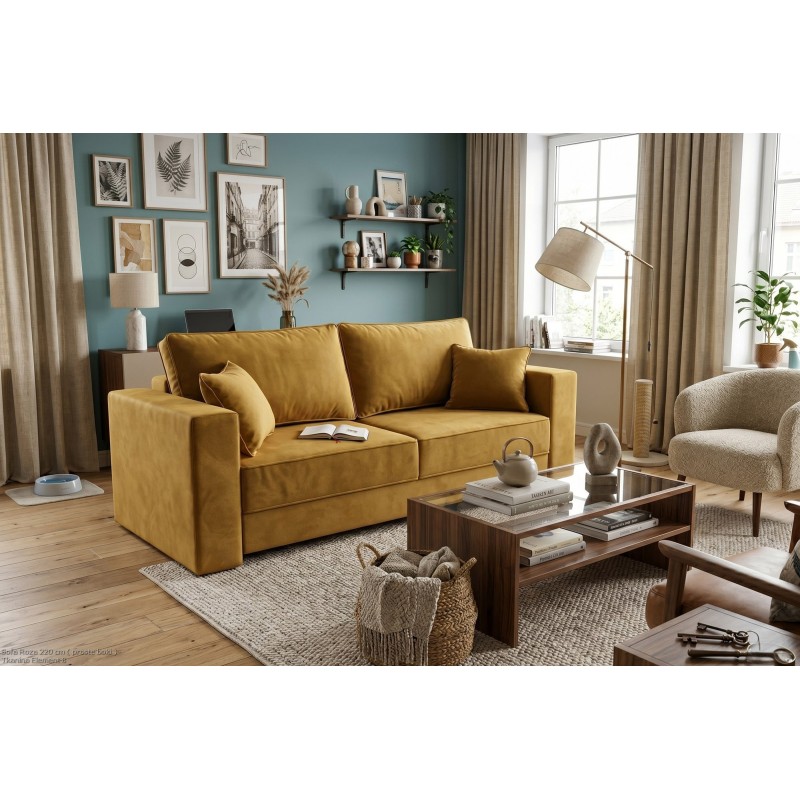 Miodowa sofa 3-osobowa Roza z poduszkami w nowoczesnej aranżacji pokoju dziennego Miodowa sofa 3-osobowa Roza z poduszkami w nowoczesnej aranżacji pokoju dziennego