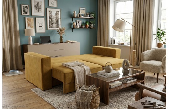 Rozłożona sofa Roza z pościelą i kocem przygotowana do spania w salonie Rozłożona sofa Roza z pościelą i kocem przygotowana do spania w salonie