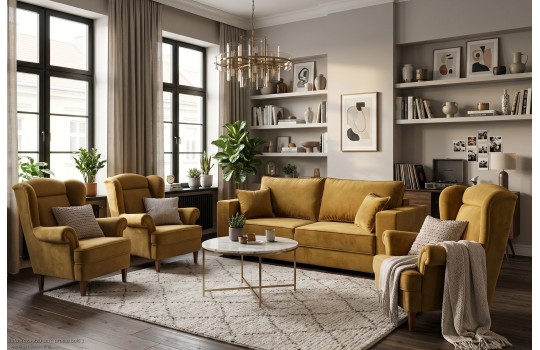 Sofa rozkładana Roza w zestawie wypoczynkowym z fotelami Babcinymi