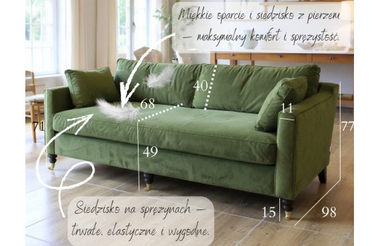 Zielona miękka sofa z pierzem Agat 200 cm z ozdobnymi napisami w salonie Zielona miękka sofa z pierzem Agat 200 cm z ozdobnymi napisami w salonie