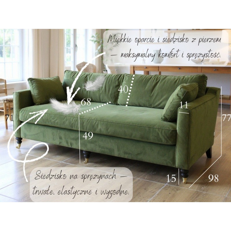Zielona miękka sofa z pierzem Agat 200 cm z ozdobnymi napisami w salonie Zielona miękka sofa z pierzem Agat 200 cm z ozdobnymi napisami w salonie