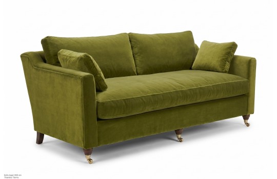 Klasyczna sofa z pierzem Agat 200 cm oliwkowa z profilu na białym tle