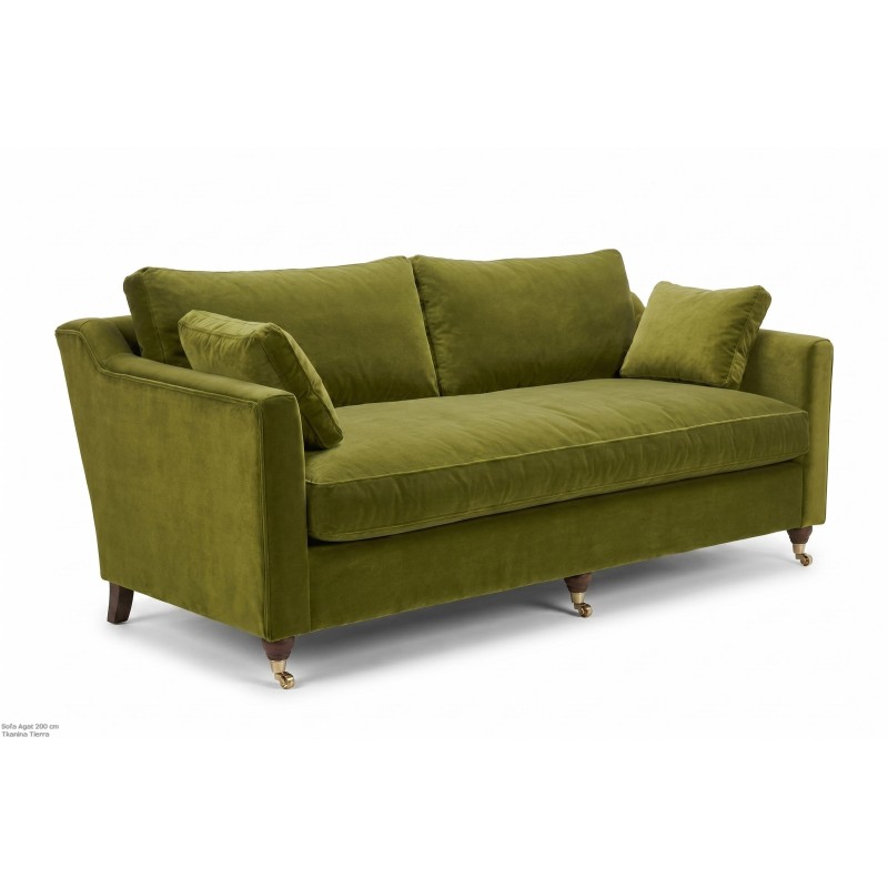 Klasyczna sofa z pierzem Agat 200 cm oliwkowa z profilu na białym tle Klasyczna sofa z pierzem Agat 200 cm oliwkowa z profilu na białym tle