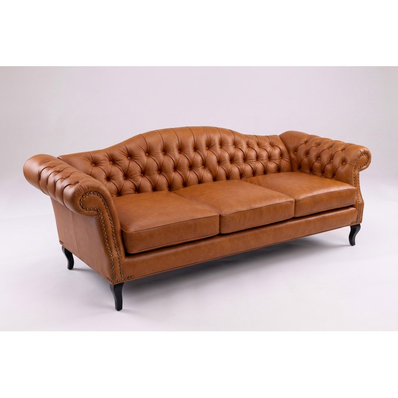 Karmelowa sofa pikowana Solano 3-osobowa ze skóry naturalnej pod kątem