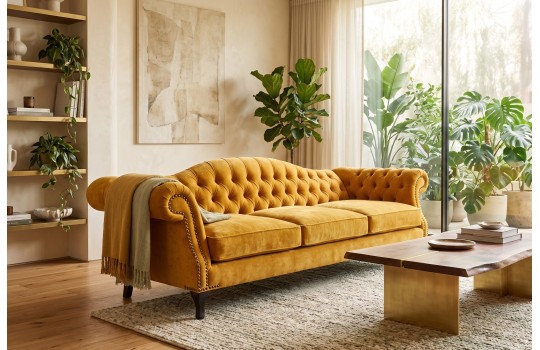 Musztardowa sofa chesterfield Solano w nowoczesnym pokoju dziennym ze stolikiem kawowym