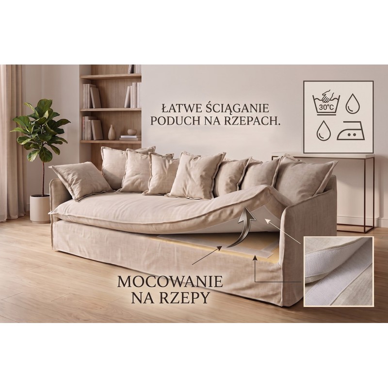 Lniana sofa Piuma z łatwym ściąganiem pokrowca i mocowaniem na rzepy w salonie Lniana sofa Piuma z łatwym ściąganiem pokrowca i mocowaniem na rzepy w salonie
