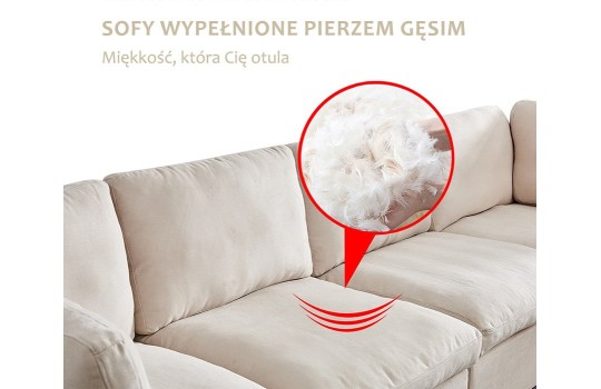 Przekrój wypełnienia naturalnym pierzem w poduszkach lnianej sofy 200 cm Przekrój wypełnienia naturalnym pierzem w poduszkach lnianej sofy 200 cm
