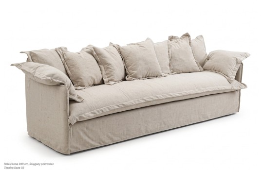 Lniana sofa 200 cm, widok z boku na miękkie wykończenie i luźny pokrowiec Lniana sofa 200 cm, widok z boku na miękkie wykończenie i luźny pokrowiec