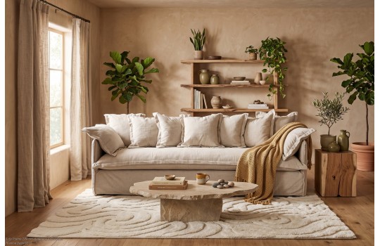 Kremowa sofa z lnu 200 cm w przytulnym kąciku wypoczynkowym z fototapetą Kremowa sofa z lnu 200 cm w przytulnym kąciku wypoczynkowym z fototapetą