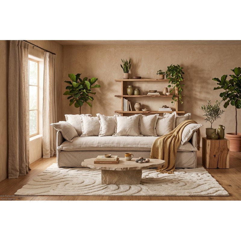 Kremowa sofa z lnu 200 cm w przytulnym kąciku wypoczynkowym z fototapetą Kremowa sofa z lnu 200 cm w przytulnym kąciku wypoczynkowym z fototapetą