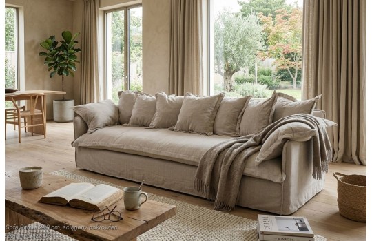 Lniana sofa 200 cm z miękkimi poduszkami przy stoliku kawowym w jasnym salonie Lniana sofa 200 cm z miękkimi poduszkami przy stoliku kawowym w jasnym salonie