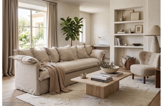 Jasna sofa z poduchami Piuma 250 cm w skandynawskim salonie z regałem Jasna sofa z poduchami Piuma 250 cm w skandynawskim salonie z regałem