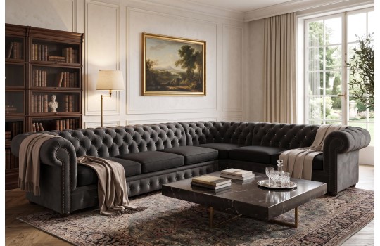 Szary narożnik chesterfield Deko w eleganckim nowoczesnym salonie Szary narożnik chesterfield Deko w eleganckim nowoczesnym salonie