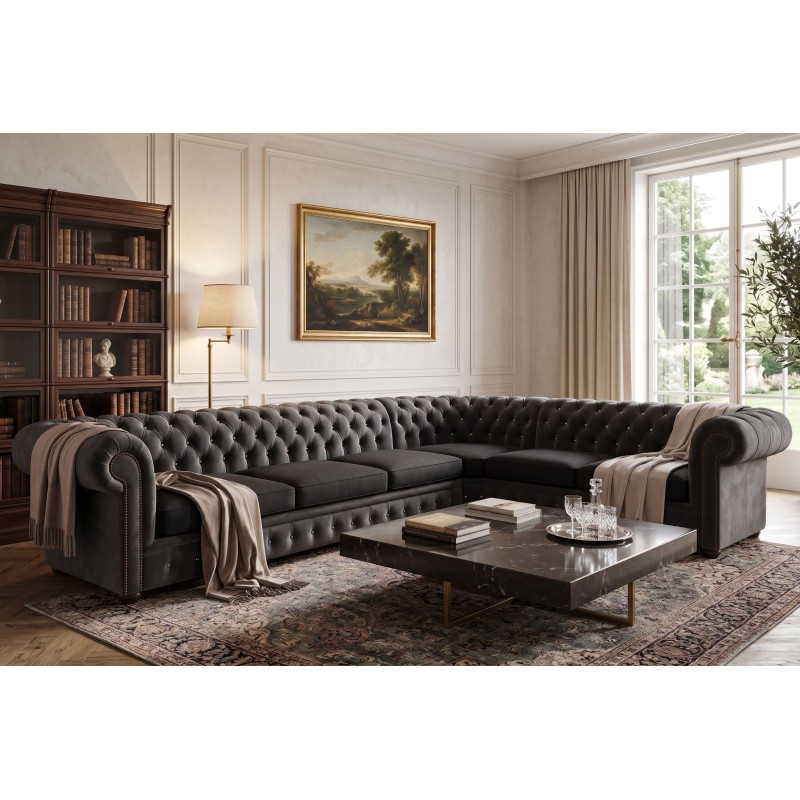 Szary narożnik chesterfield Deko w eleganckim nowoczesnym salonie Szary narożnik chesterfield Deko w eleganckim nowoczesnym salonie