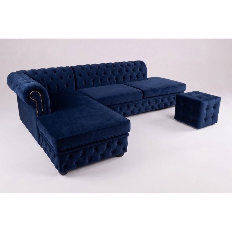 Granatowy narożnik chesterfield z dodatkowym pufem w zestawie Granatowy narożnik chesterfield z dodatkowym pufem w zestawie